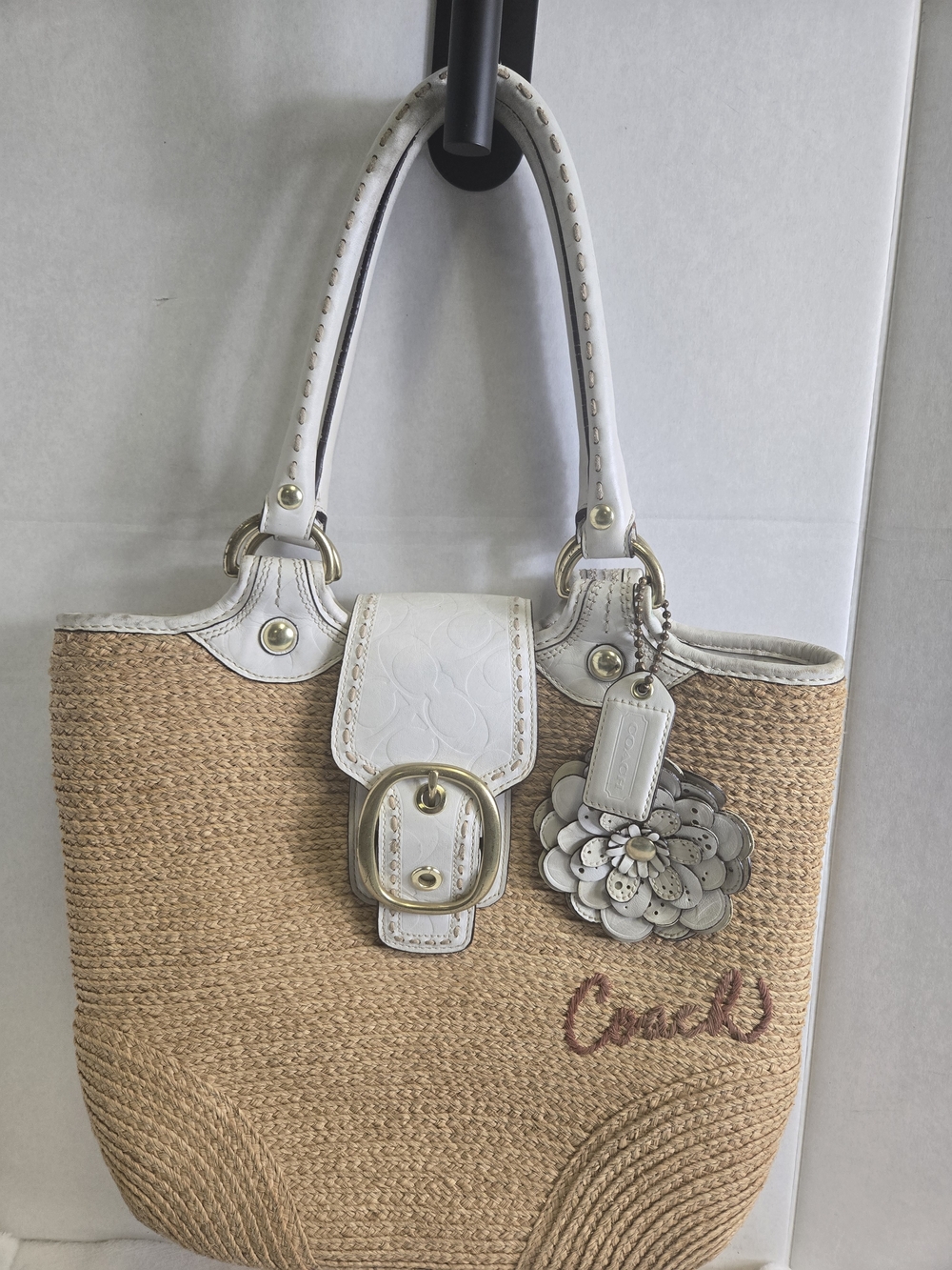 Vintage Coach F13373 Bleeker Natural Straw Beach Tote Handbag Leather Flower